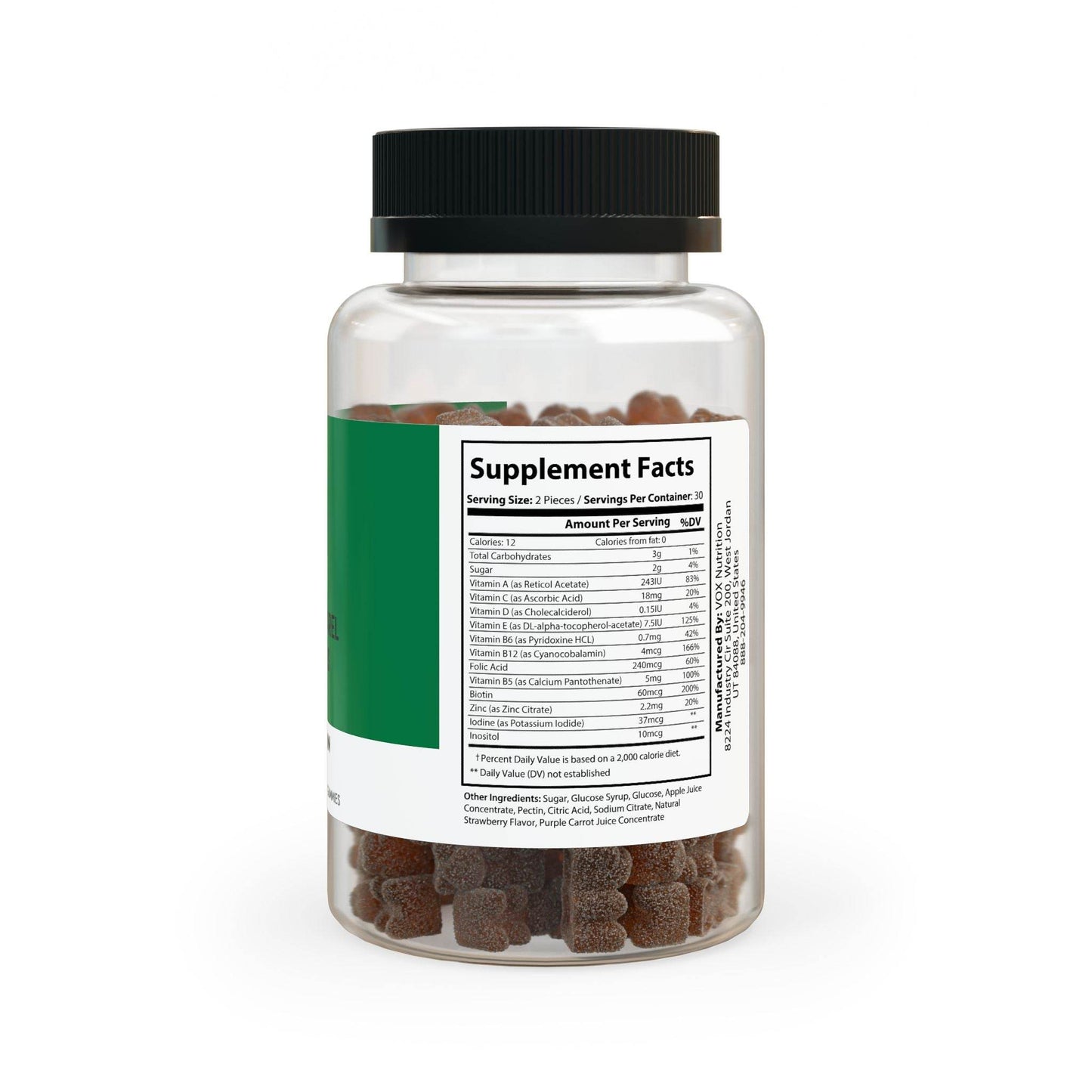Clear bottle of adult multivitamin gummies with black cap and supplement facts label from Printify