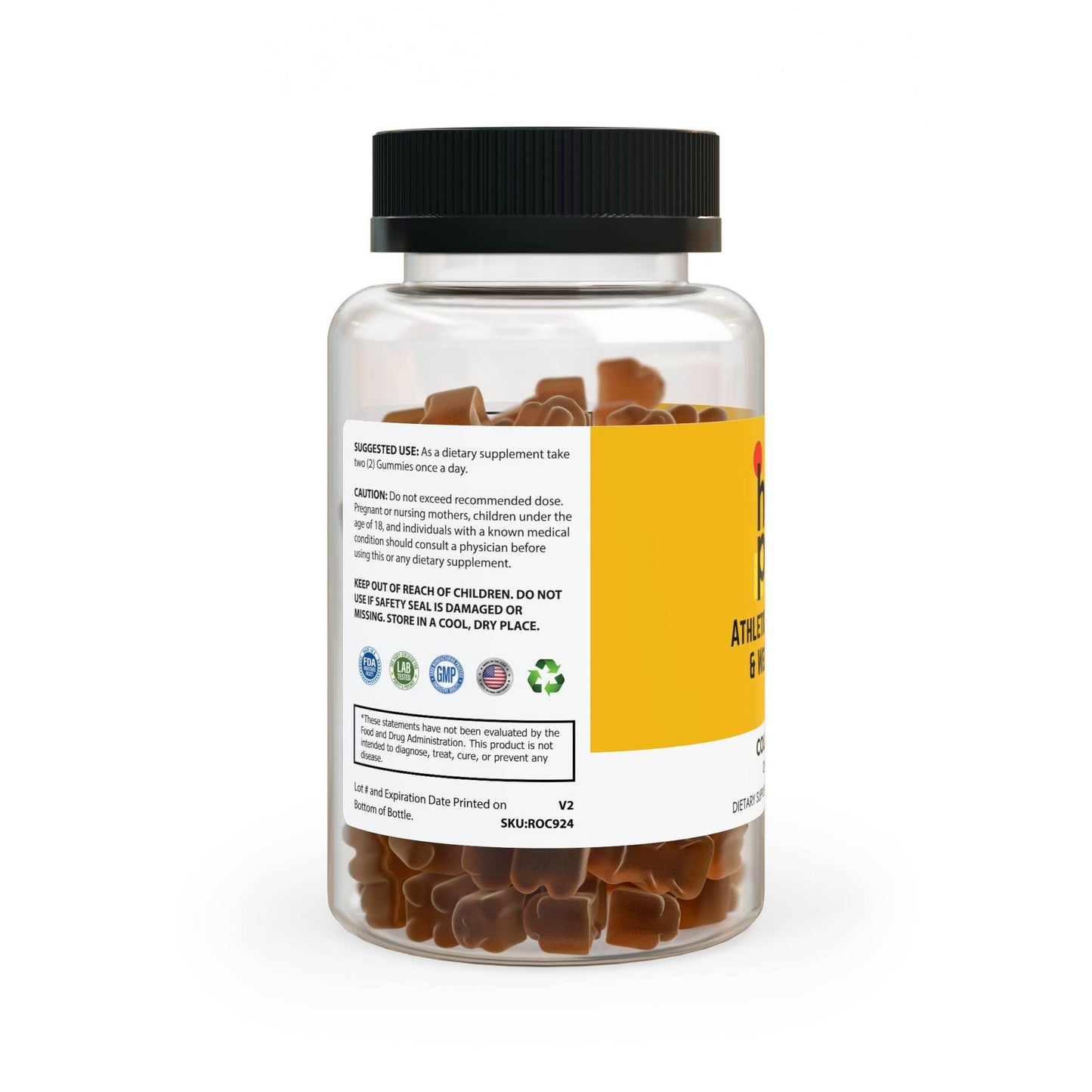 HOPE Athlete Apparel collagen gummies for glowing skin in a clear bottle with black lid and yellow label