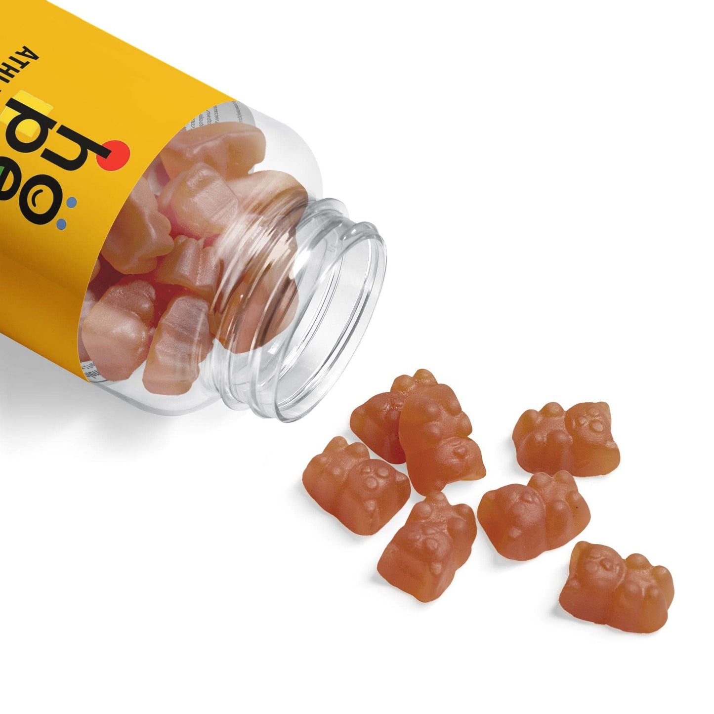 HOPE Athlete Apparel collagen gummies for glowing skin in bear shapes spilling from a yellow bottle