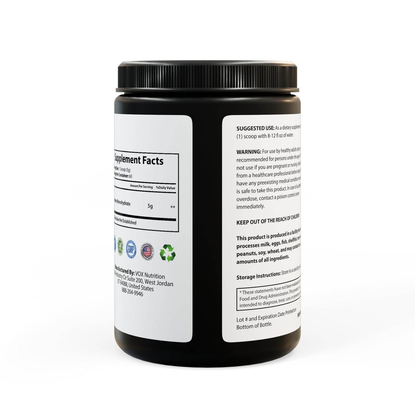 Black supplement bottle by Printify for muscle building supplements for gym with nutrition facts and usage instructions