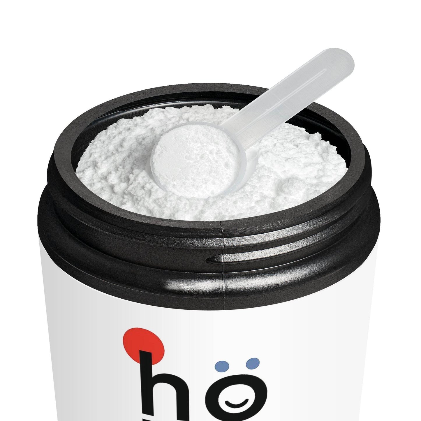 Open container of Printify muscle building supplements for gym with white powder and scoop inside