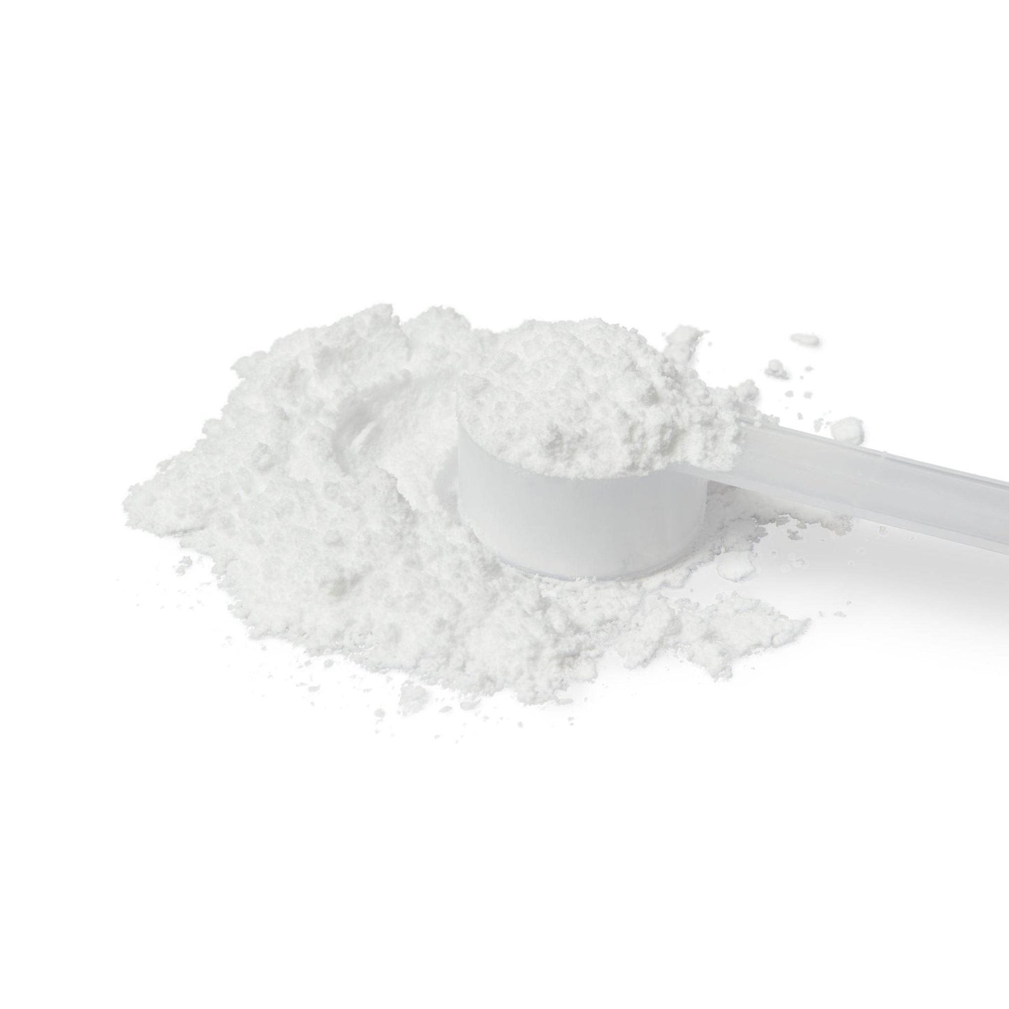 White powdered muscle building supplements for gym with a plastic scoop on a white background