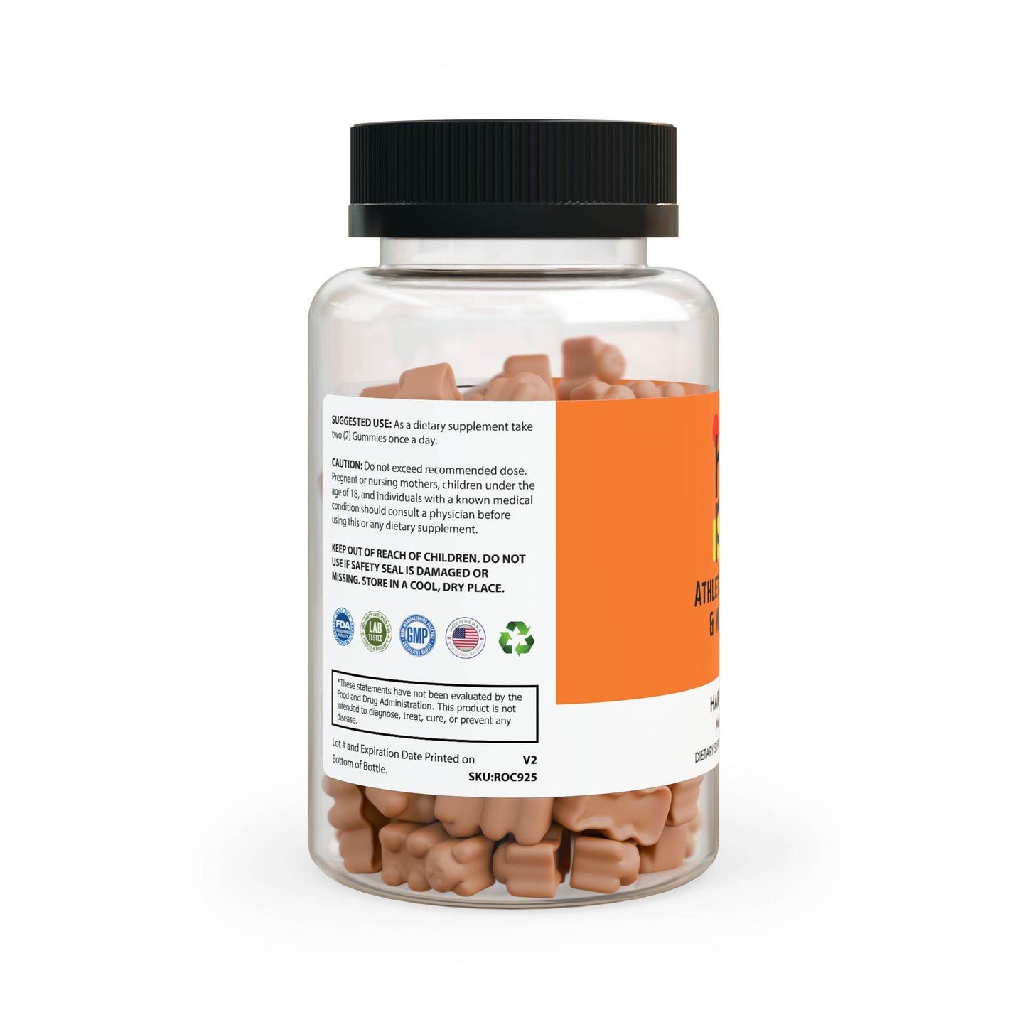 Clear bottle of hair vitamin gummies for growth with black lid and orange label by Printify