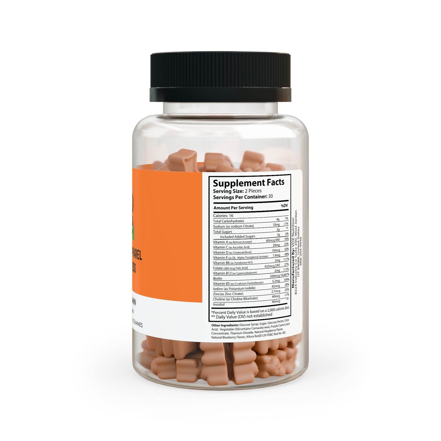 Clear bottle of Printify hair vitamin gummies for growth with supplement facts label and black cap
