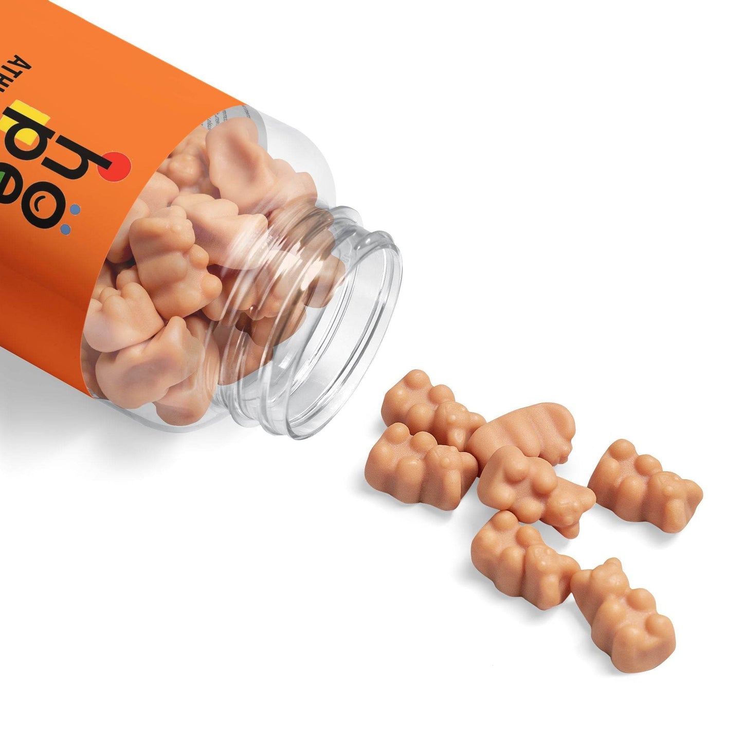 Bottle of Printify hair vitamin gummies for growth spilling light brown gummy vitamins shaped like hair strands