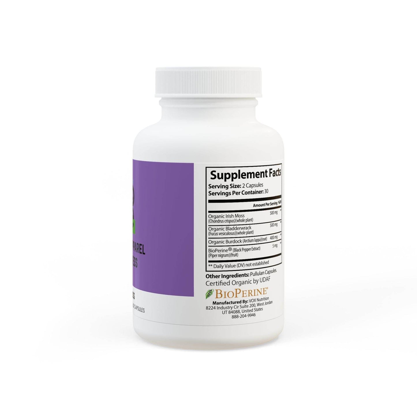 White bottle of sea moss supplement capsules with detailed supplement facts label by Printify