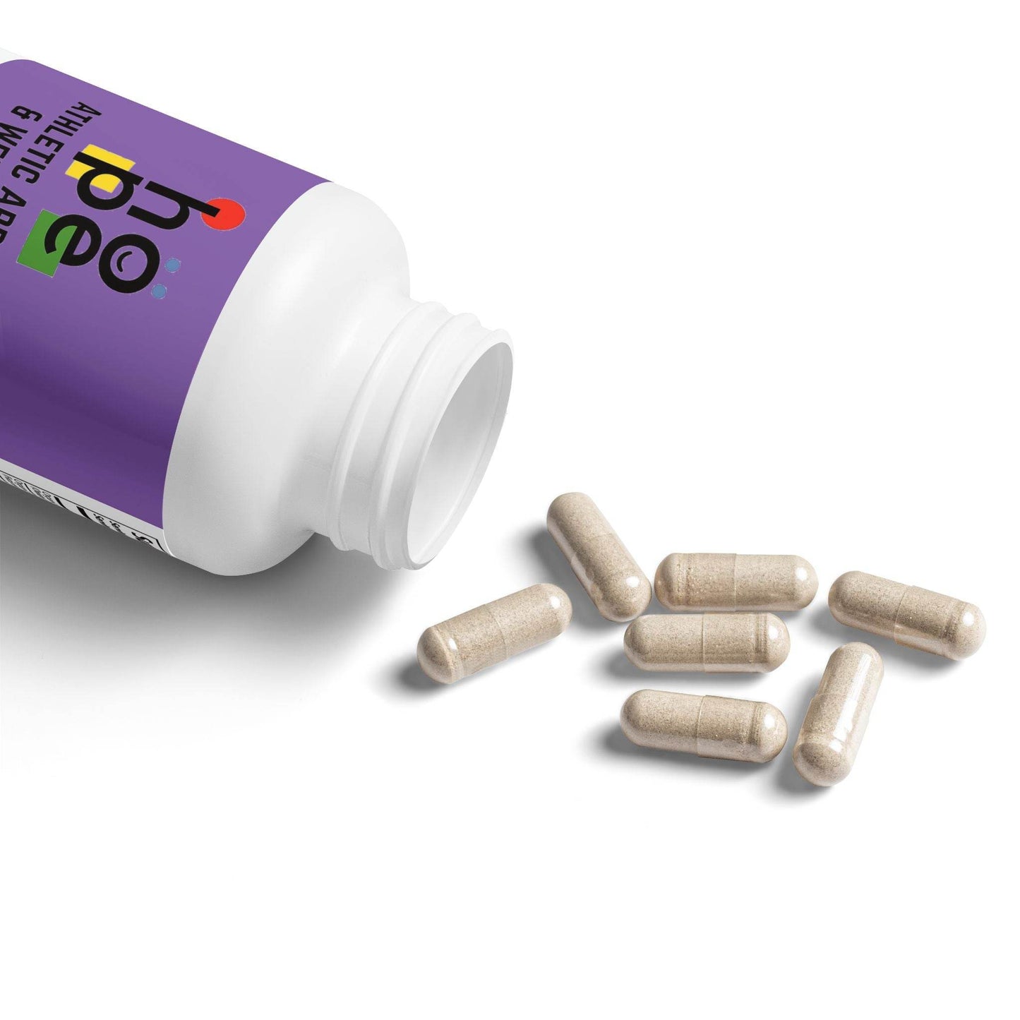 Open bottle of Printify sea moss supplement capsules spilled on white background