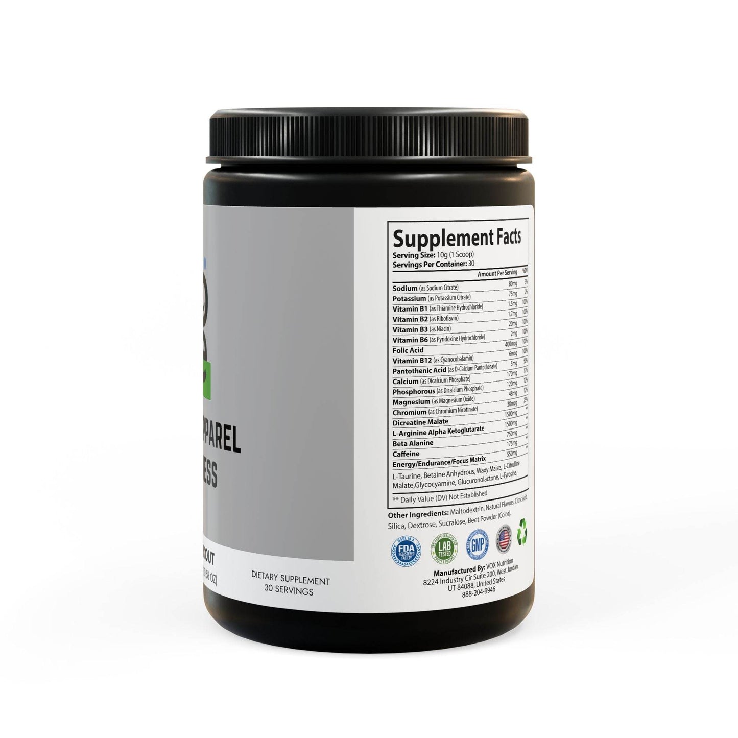 Container of watermelon pre-workout supplement food supplement with detailed supplement facts label