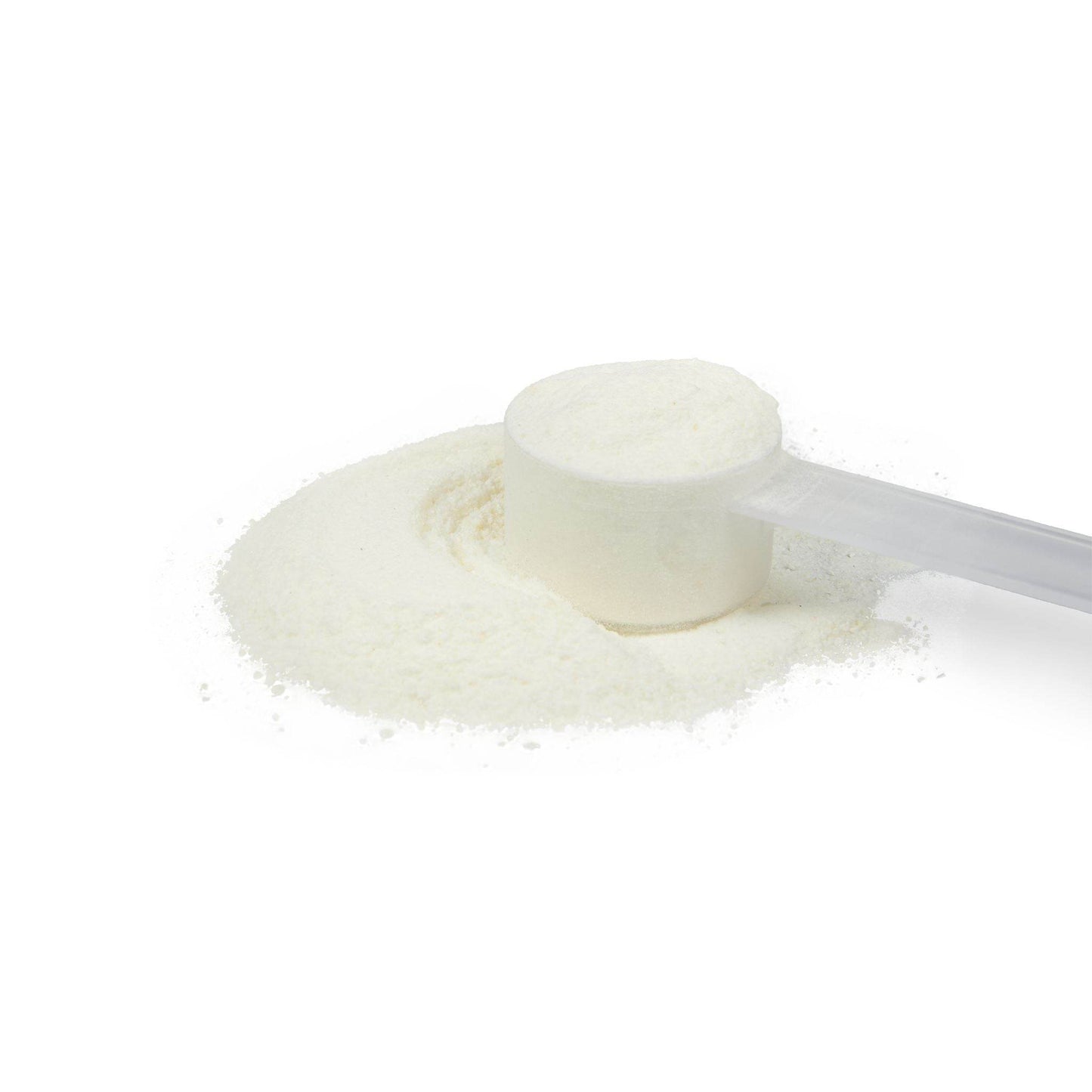 White powdered watermelon pre-workout supplement with clear scoop on white background