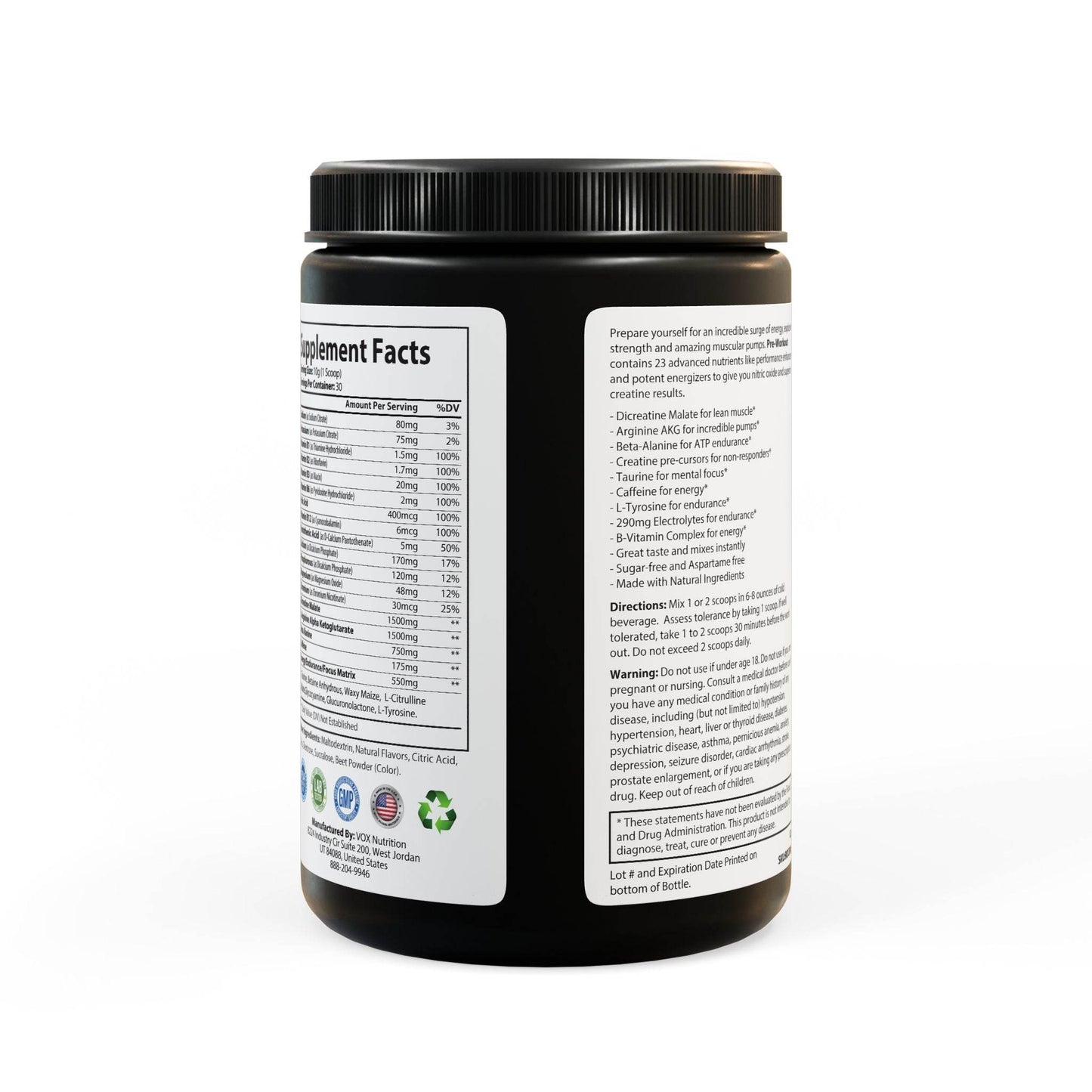 Printify watermelon pre-workout supplement container showing supplement facts and usage instructions