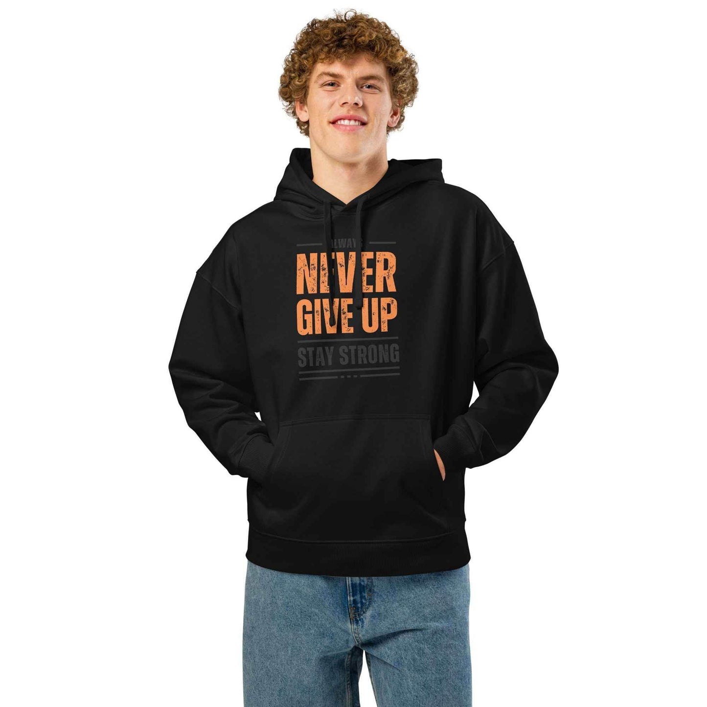Men's Hoodie - Organic Relaxed Fit Inspirational Design with Never Give Up Motif -
