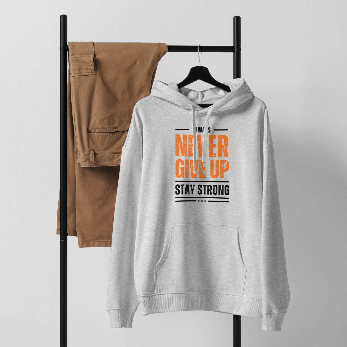 Men's Hoodie - Organic Relaxed Fit Inspirational Design with Never Give Up Motif -