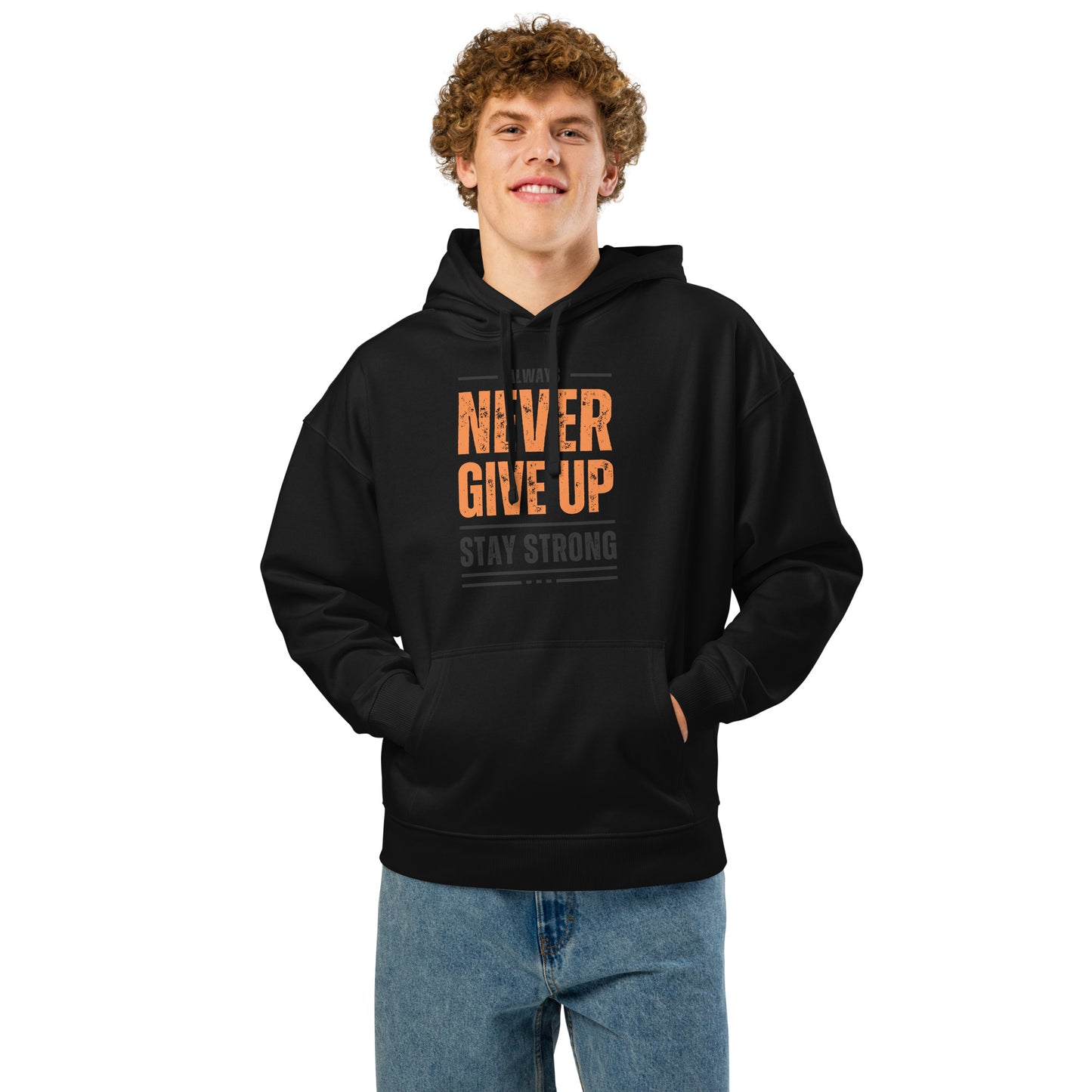 Men's Organic Relaxed Hoodie Never Give Up | Motivational Fitness Apparel