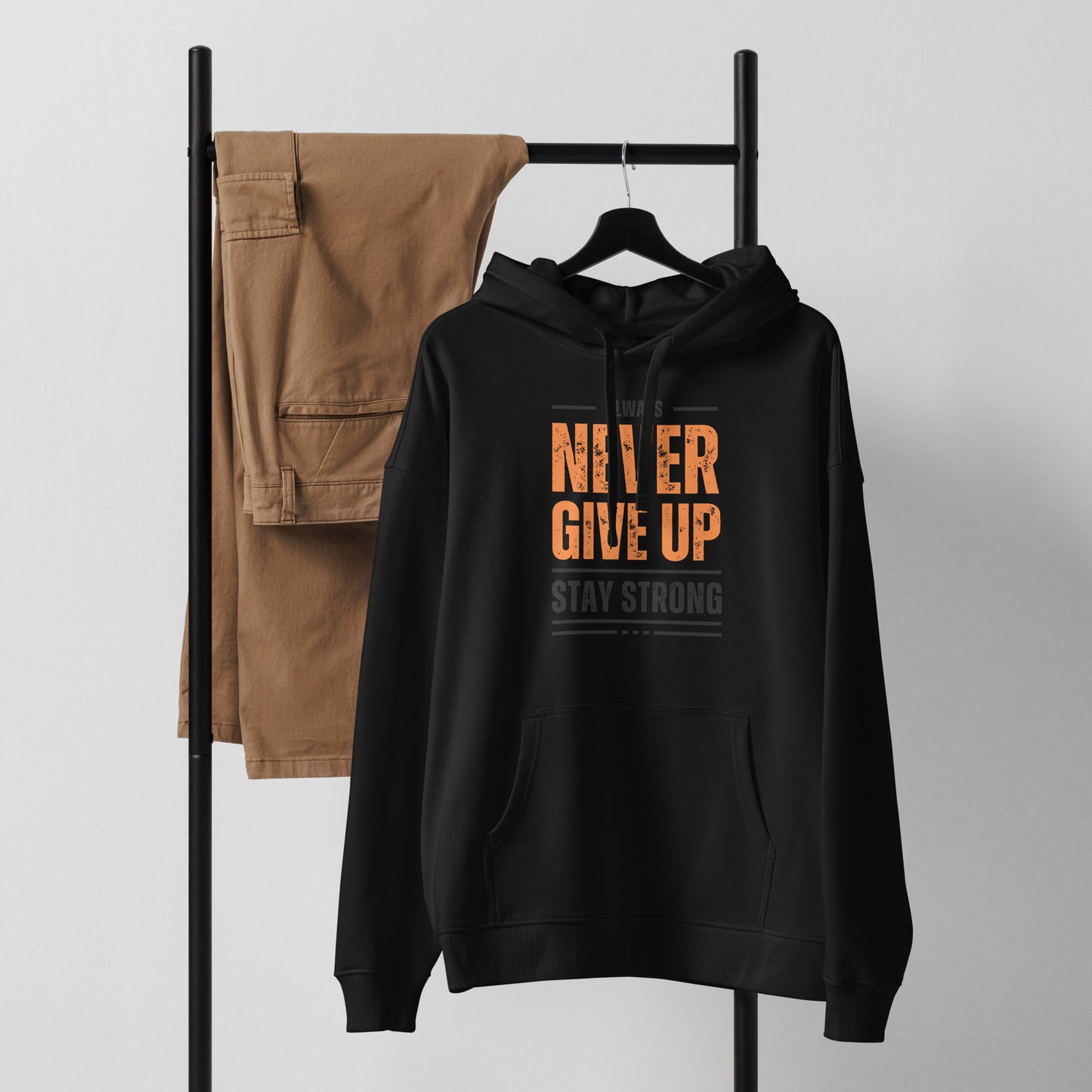 Men's Organic Relaxed Hoodie Never Give Up | Motivational Fitness Apparel