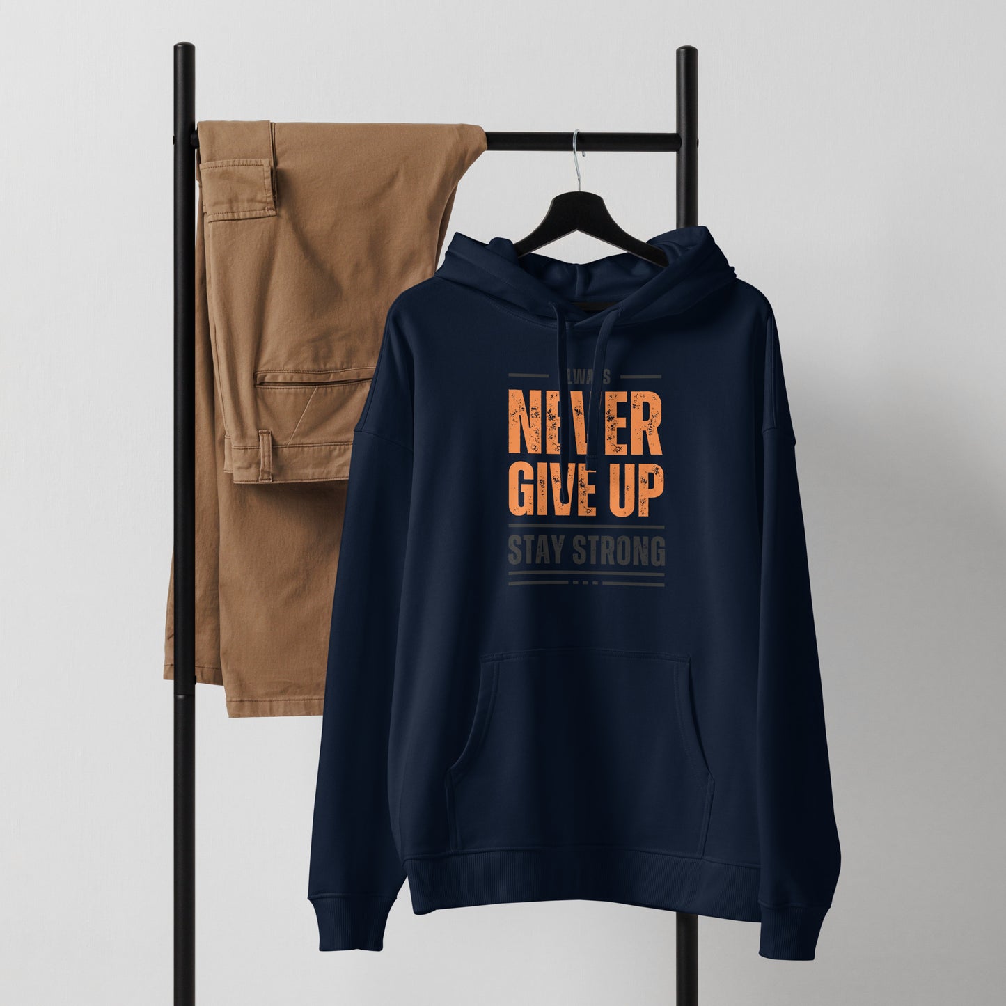 Men's Organic Relaxed Hoodie Never Give Up | Motivational Fitness Apparel