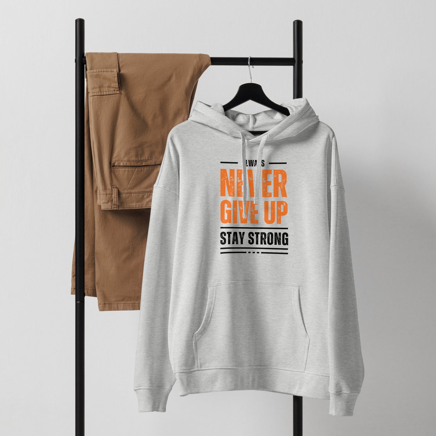 Men's Organic Relaxed Hoodie Never Give Up | Motivational Fitness Apparel