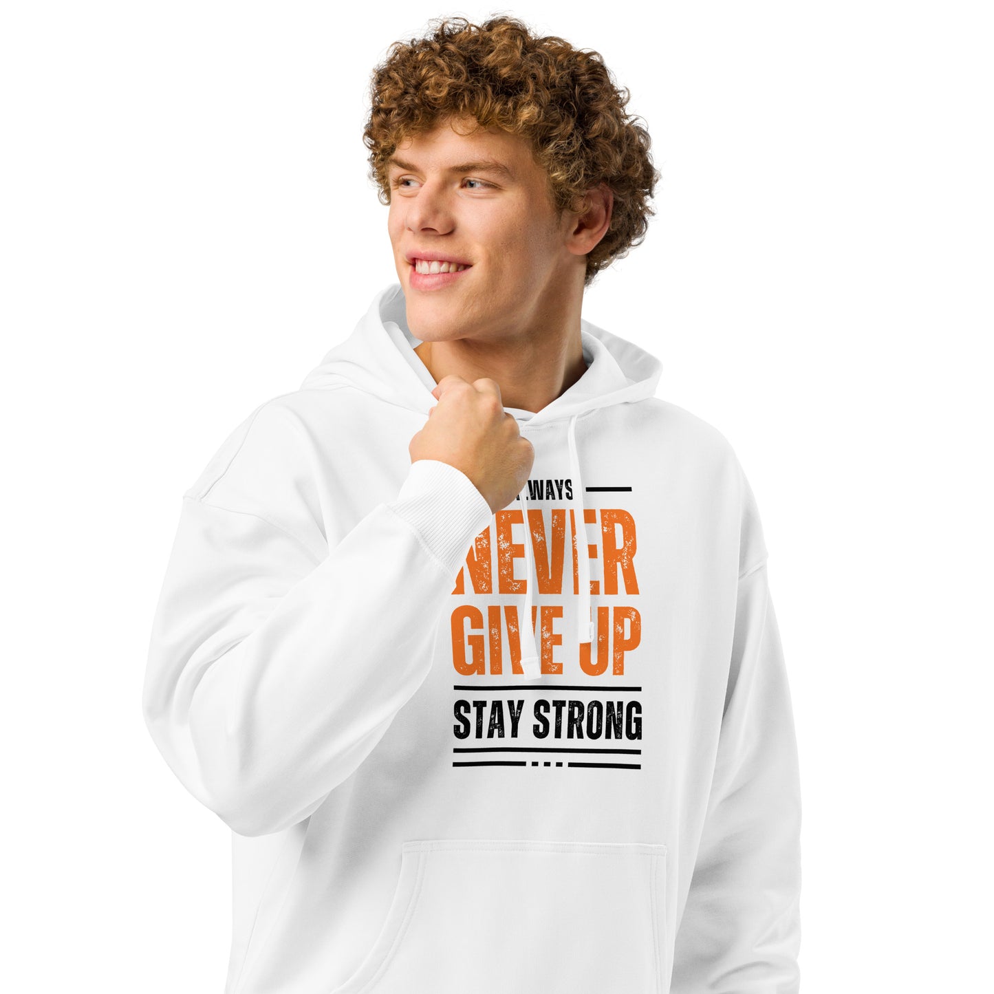Men's Organic Relaxed Hoodie Never Give Up | Motivational Fitness Apparel