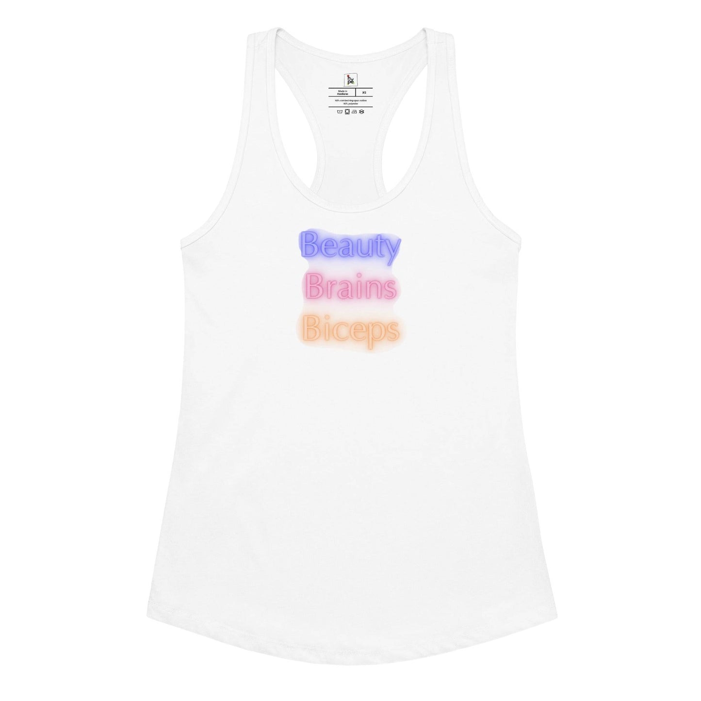 Women's Fitted Racerback Tank Top Celebrating Beauty, Brains, and Biceps for Active Women -