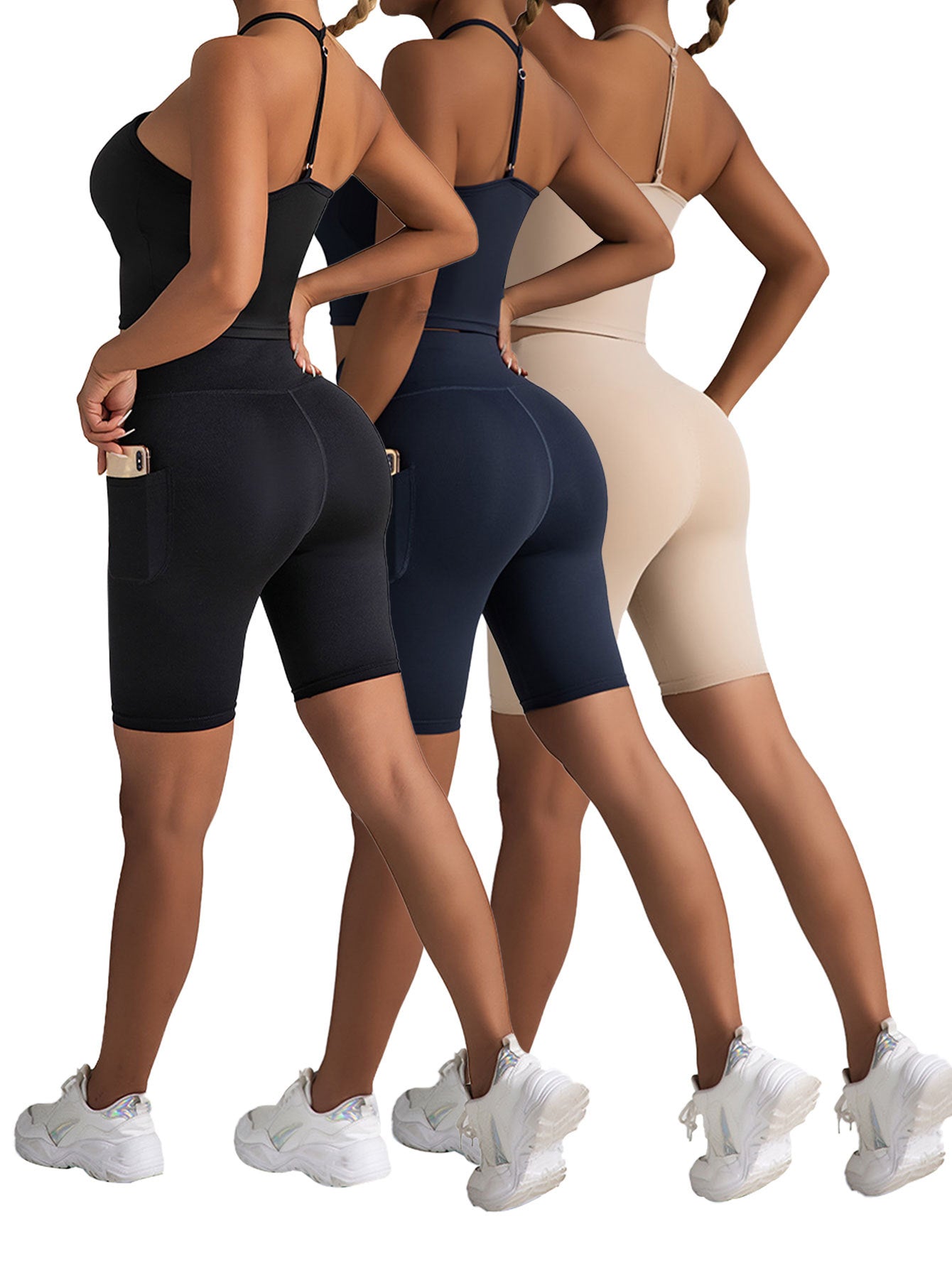 3 Pack High Waist Biker Shorts with Pockets - Tummy Control Running Workout Yoga Shorts