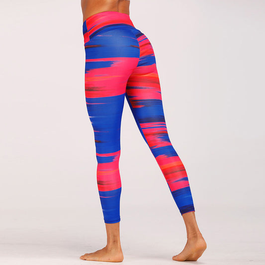 High-Waist Digital Print Yoga Pants - Blue & Red Contrast Leggings