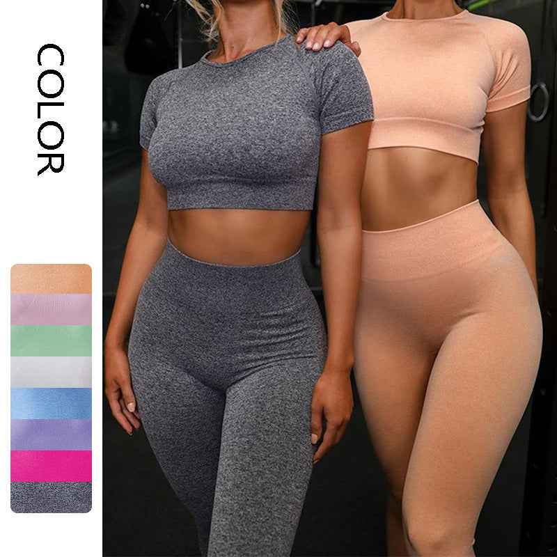 Seamless Running Sport Set Fitness Women Running Leggings Short Sleeve Tops - HOPE Athlete Apparel and Wellness