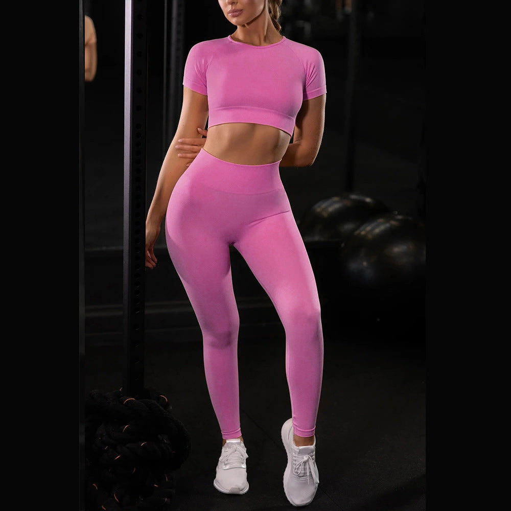 Seamless Running Sport Set Fitness Women Running Leggings Short Sleeve Tops - HOPE Athlete Apparel and Wellness