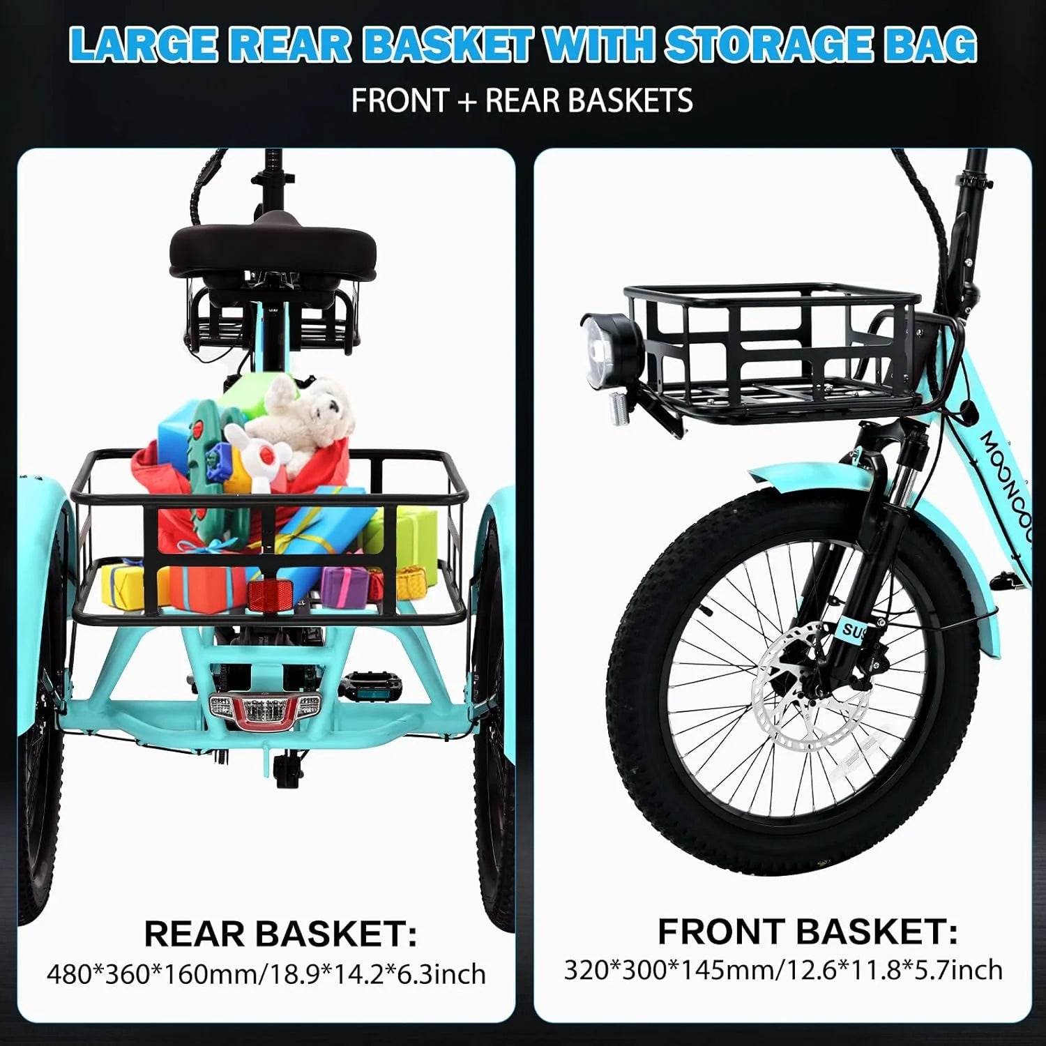 TK1 20" Fat Tire Folding Electric Tricycle W/ Rack Bags, 750W Motor 48V Foldable Ebike Electric Trike for Adults, 3 Wheel Electric Bicycle with Front & Rear Baskets