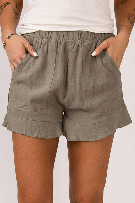 Khaki High Waist Pocketed Ruffle Shorts -