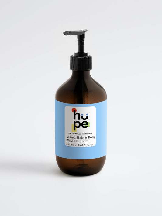 Bottle of 2-in-1 Hair & Body Wash for men, 490 ml / 16.57 fl oz, featuring a sleek design and convenient dual-purpose formula