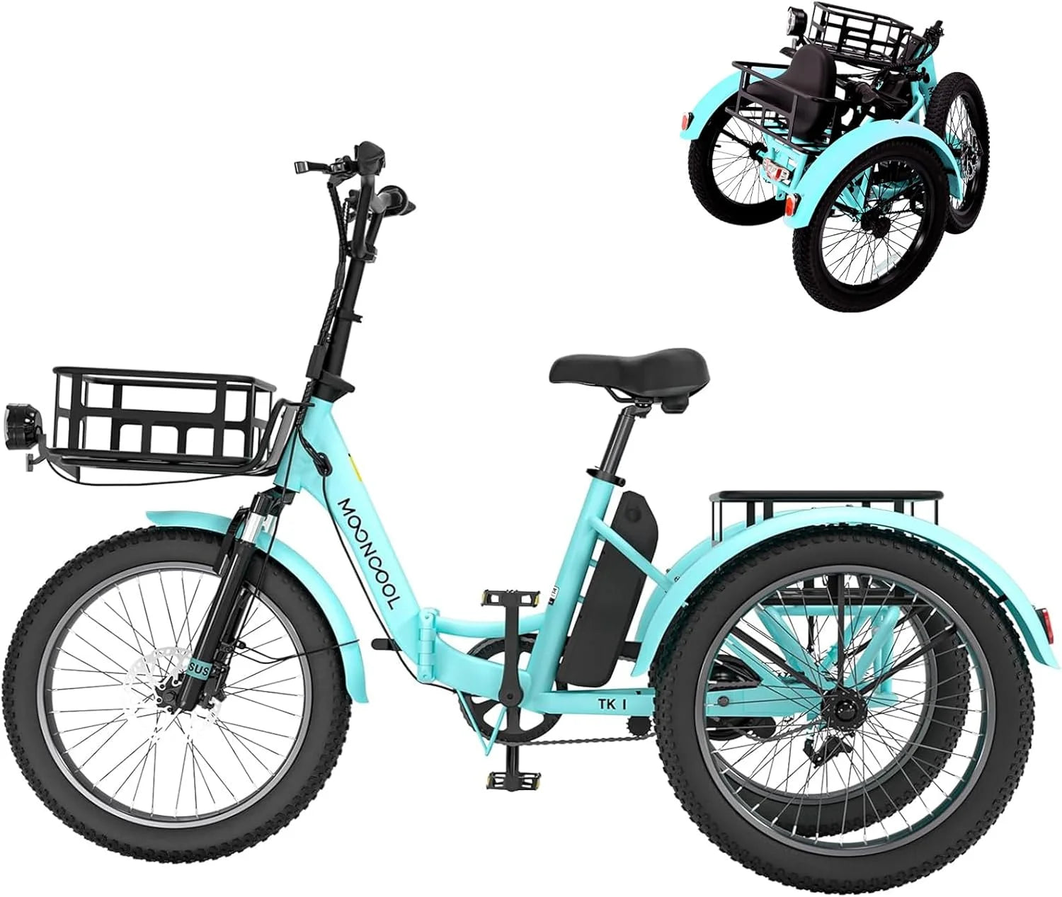 TK1 20" Fat Tire Folding Electric Tricycle W/ Rack Bags, 750W Motor 48V Foldable Ebike Electric Trike for Adults, 3 Wheel Electric Bicycle with Front & Rear Baskets