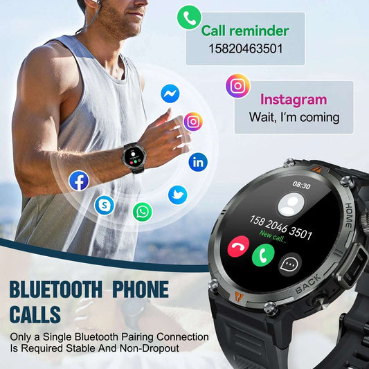 Smart Watch Bluetooth 1.45 Inch Rugged Black Case with Durable Polyurethane Sport Band for Active Lifestyle -