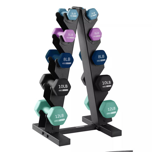 Holahatha 3, 5, 8, 10, and 12 Pound Neoprene Coated Grip Hexagon Dumbbell Weight Set with Storage Rack Stand for Various Strength Training Workouts