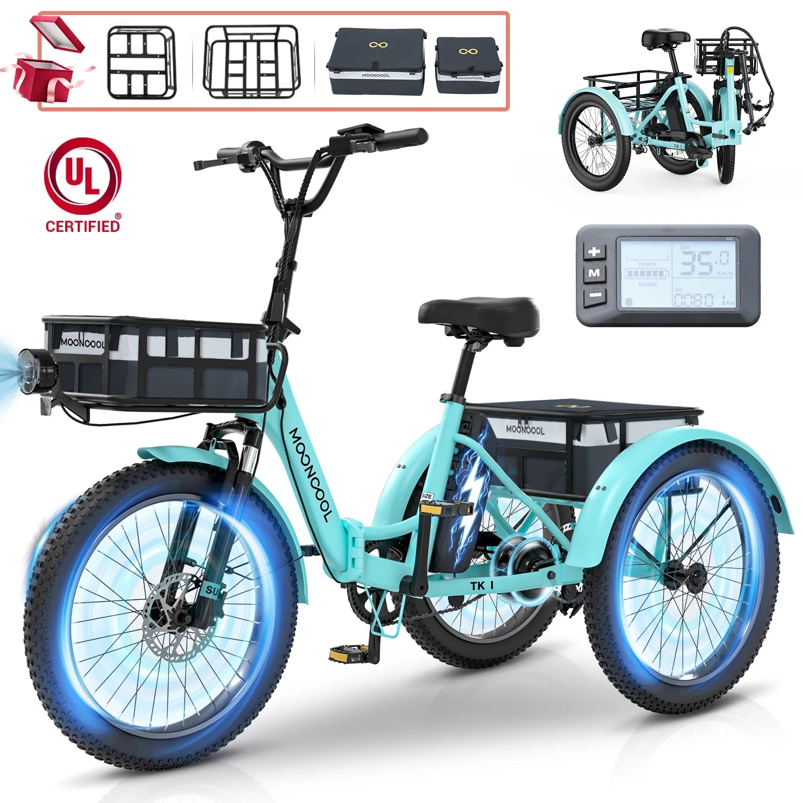 TK1 20" Fat Tire Folding Electric Tricycle W/ Rack Bags, 750W Motor 48V Foldable Ebike Electric Trike for Adults, 3 Wheel Electric Bicycle with Front & Rear Baskets