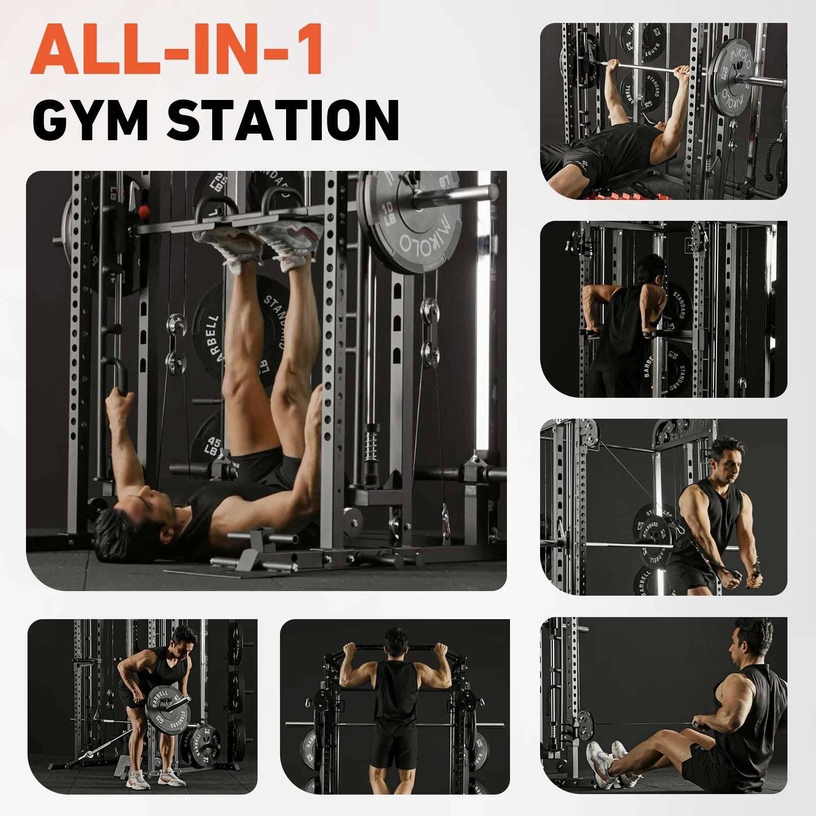 Smith Machine Power Rack All-In-One Cage with Vertical Leg Press for Home Gym -