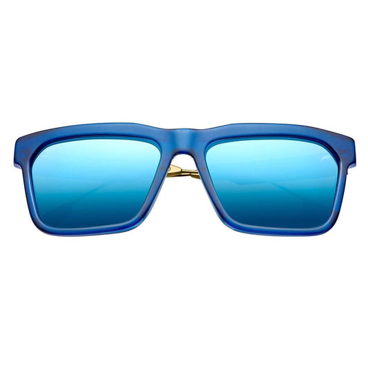 Deano Blue Sunglasses - Matte Midway Blue with Antique Brass Frame and Pacific Blue Flash Lens -