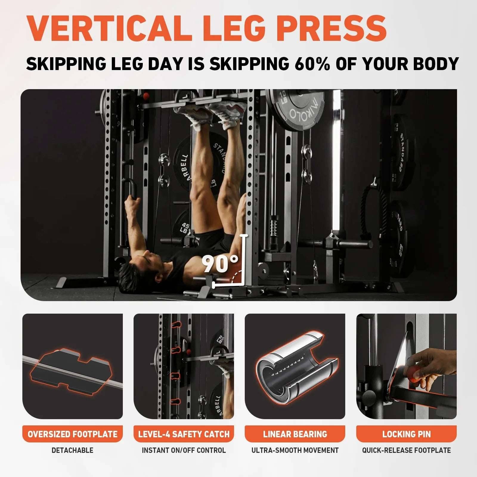 Smith Machine Power Rack All-In-One Cage with Vertical Leg Press for Home Gym -
