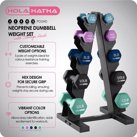 Holahatha 3, 5, 8, 10, and 12 Pound Neoprene Coated Grip Hexagon Dumbbell Weight Set with Storage Rack Stand for Various Strength Training Workouts