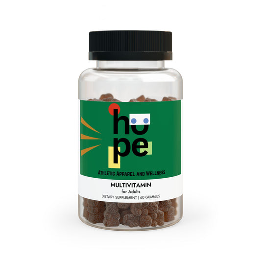 Adult Multivitamin Gummies bottle front label, highlighting key ingredients and benefits
