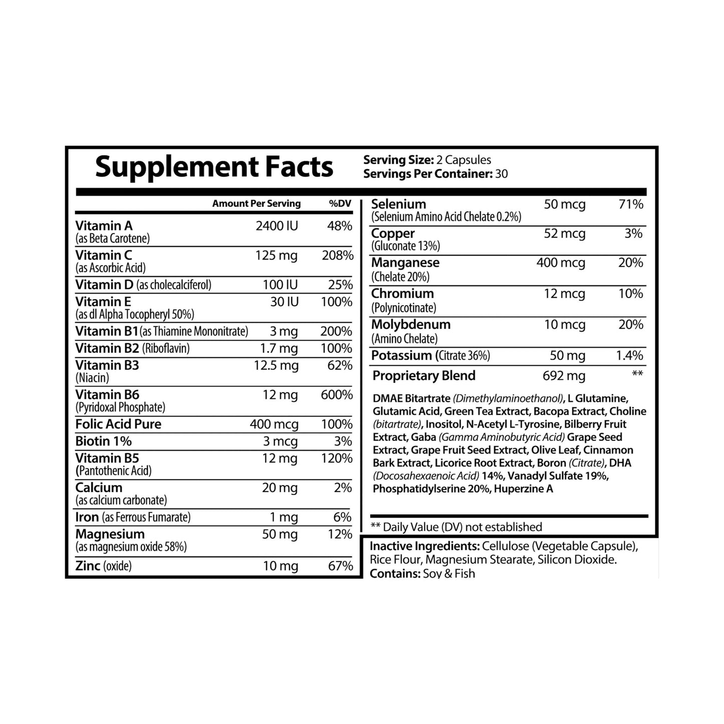 Detailed Supplement Facts panel for Brain Support Complex listing serving size, ingredients, and amounts