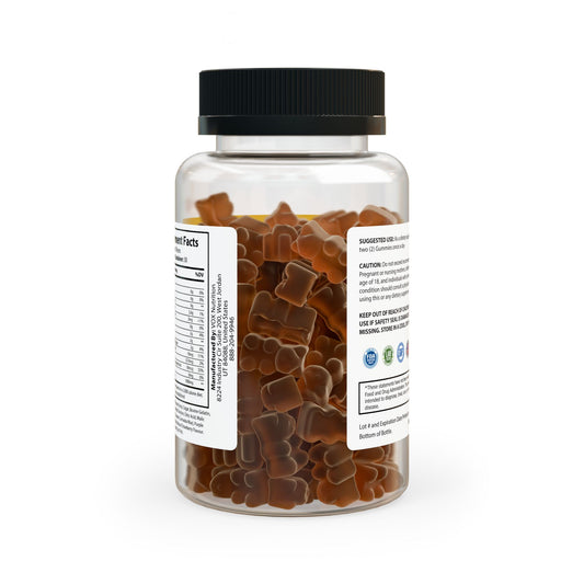 Back view of Collagen Gummies bottle showing 60 gummies inside, promoting radiant and youthful skin