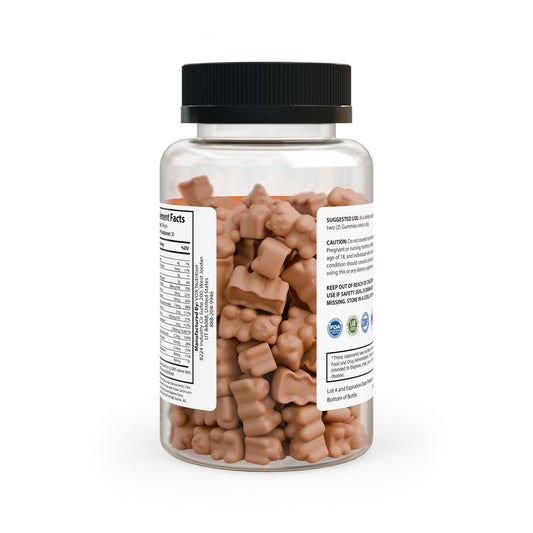 Back view of Hair Vitamin Gummies bottle, showcasing supplement facts, ingredients, and instructions for fruit-flavored hair growth gummies that promote hair strength and healthy hair.