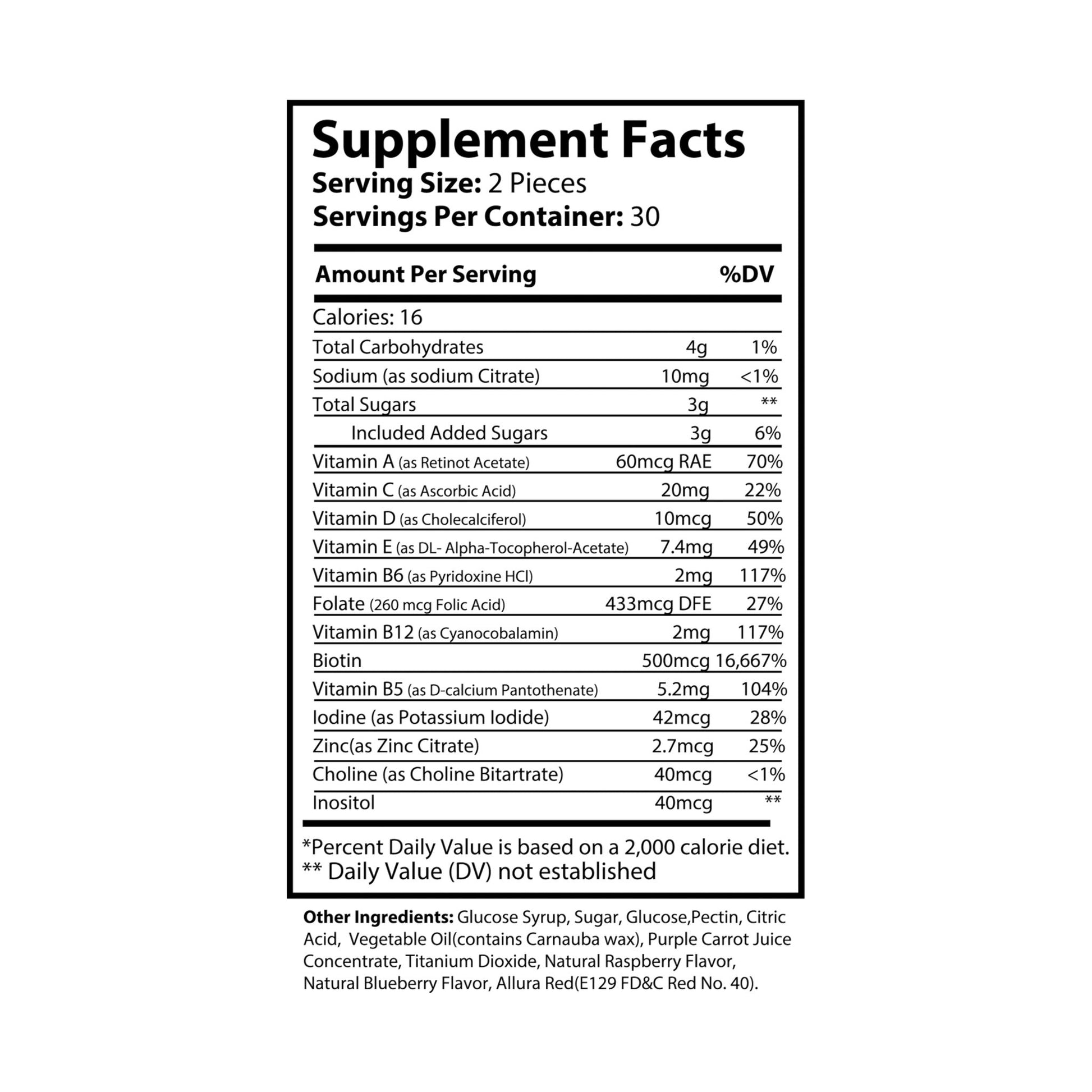 Supplement Facts label on the back of Hair Vitamin Gummies bottle, detailing ingredients, nutritional information, and serving size for fruit-flavored hair growth supplements.