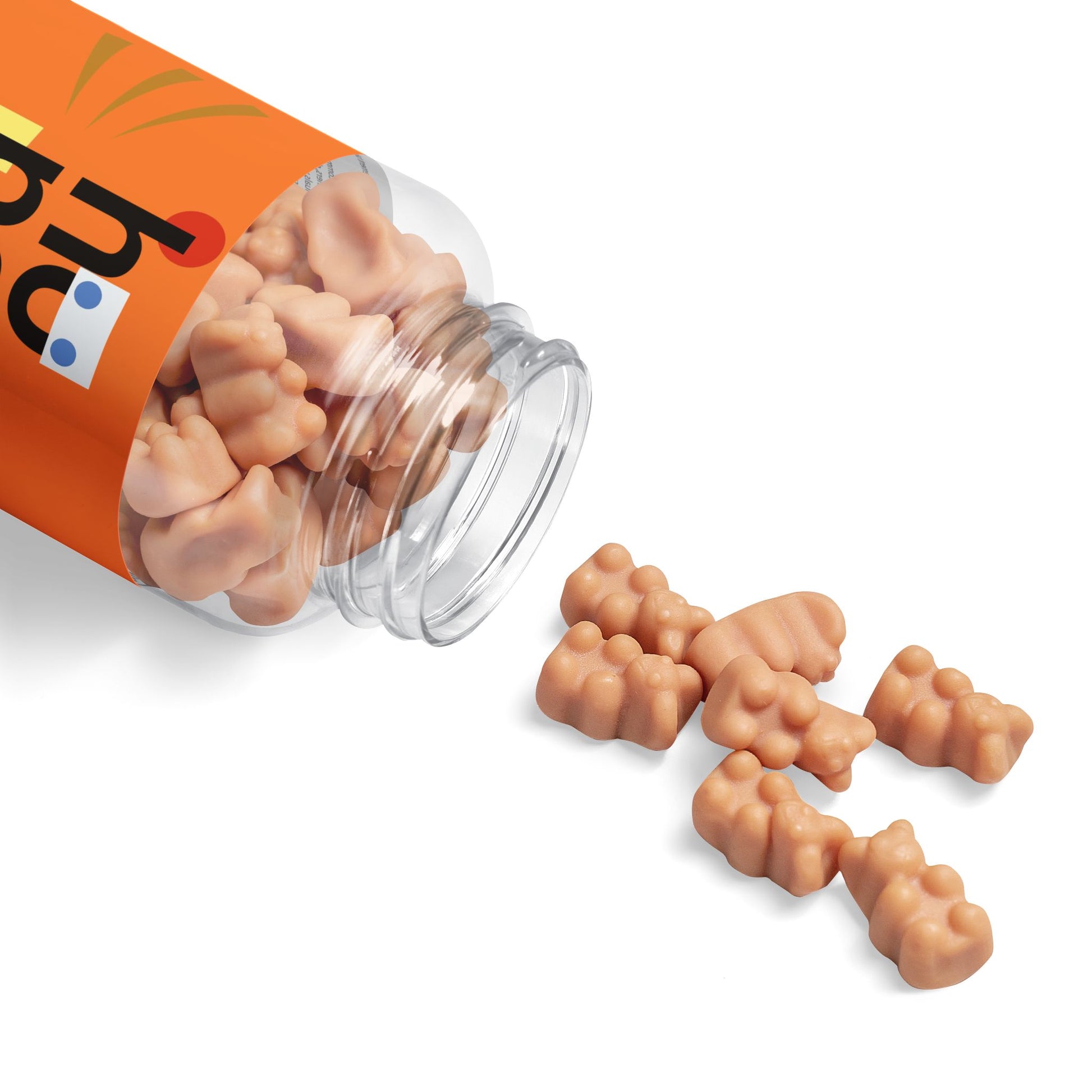 Open bottle of Hair Vitamin Gummies, showcasing fruit-flavored gummies in various colors, highlighting the product's shape and details.