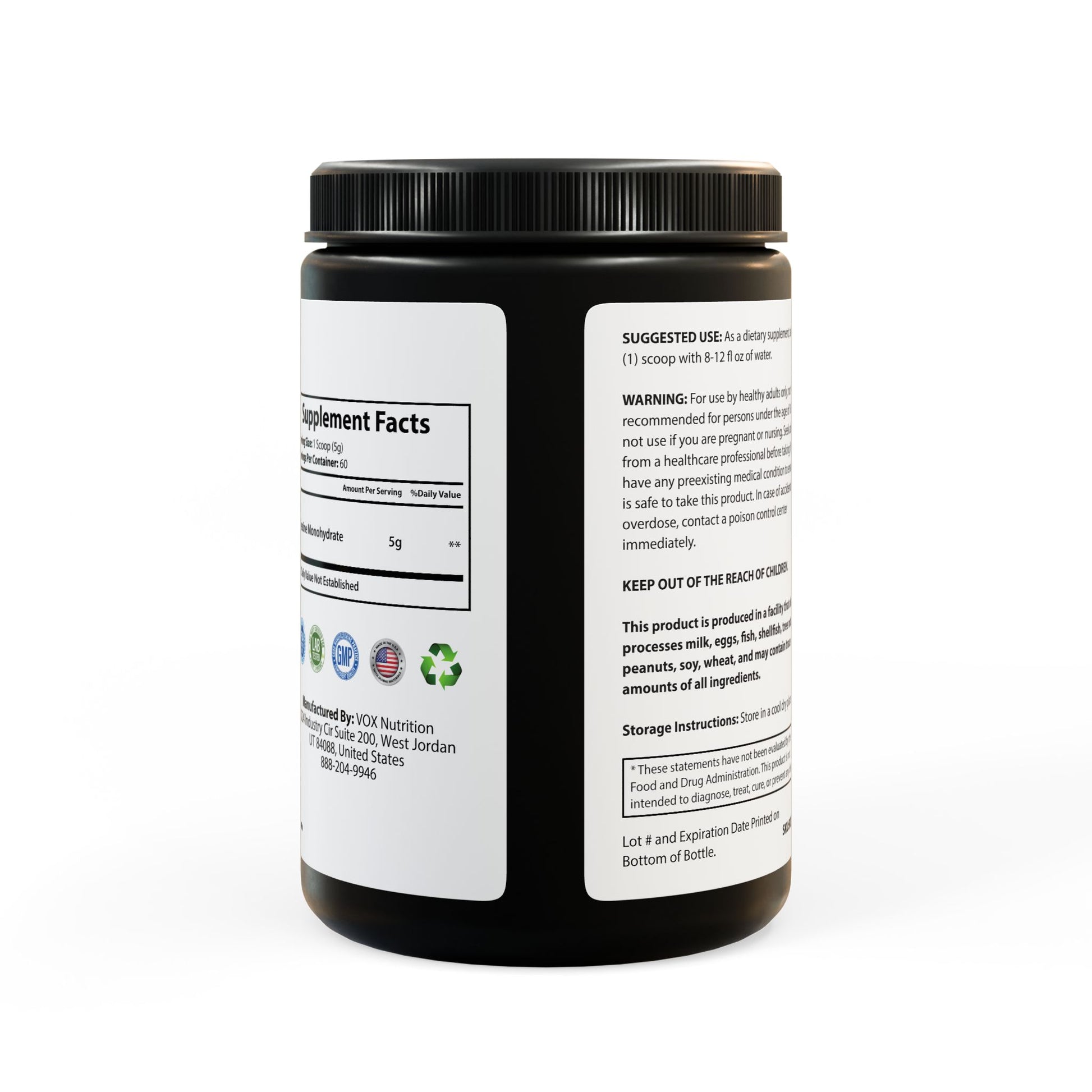 Product information and details on the back of Creatine Monohydrate Supplement packaging