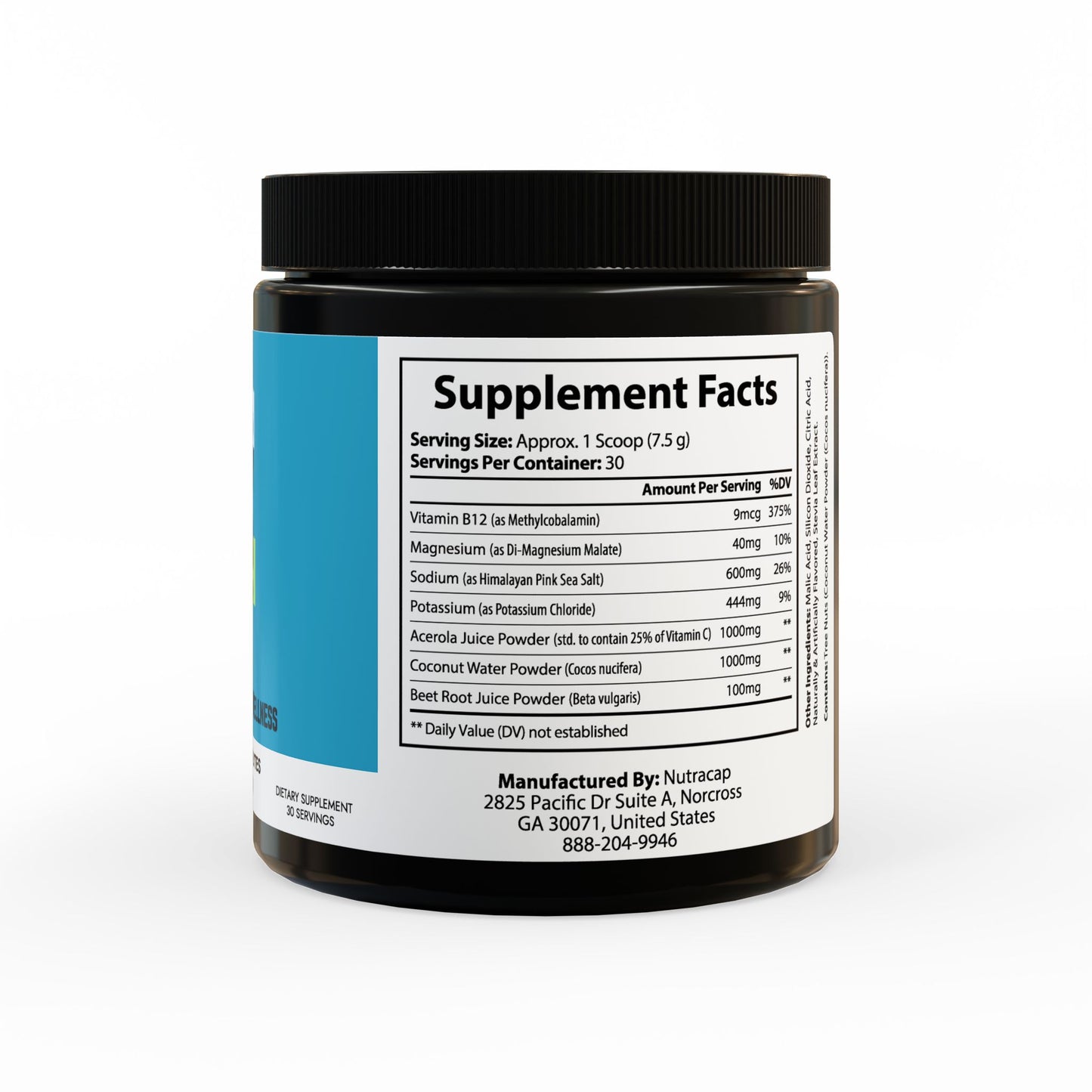 Back label of ION+ Select Electrolyte Supplement, detailing recovery benefits, supplement facts, and usage instructions for 225g (7.9oz) container.