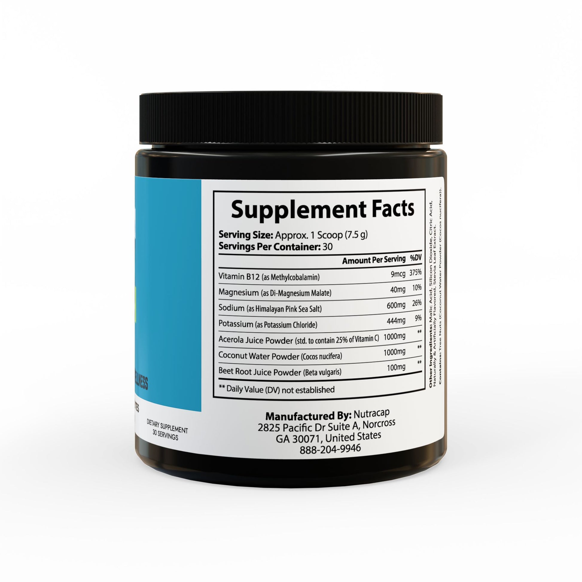 Back label of ION+ Select Electrolyte Supplement, detailing recovery benefits, supplement facts, and usage instructions for 225g (7.9oz) container.
