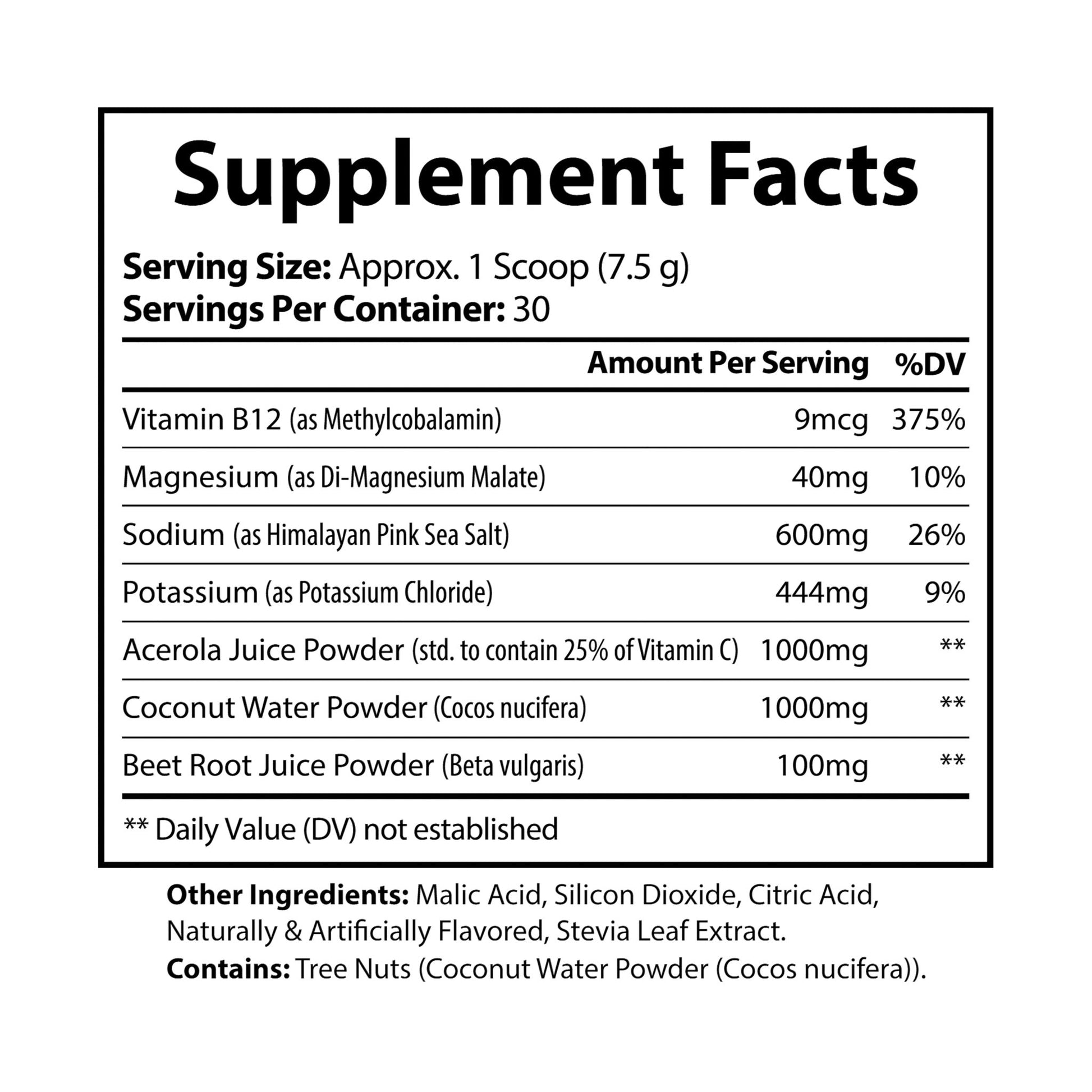 Supplement Facts label of ION+ Select Electrolyte Supplement, detailing nutrition information, ingredients, and serving size for 225g (7.9oz) container.