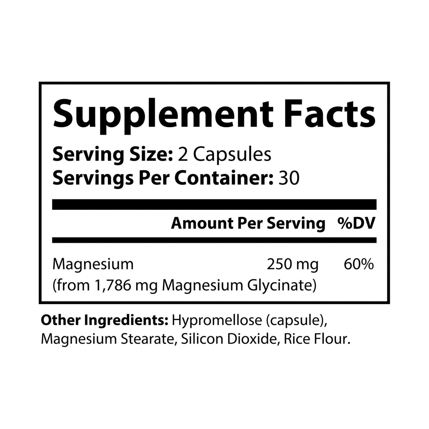 Nutrition facts table for Magnesium Glycinate Supplement