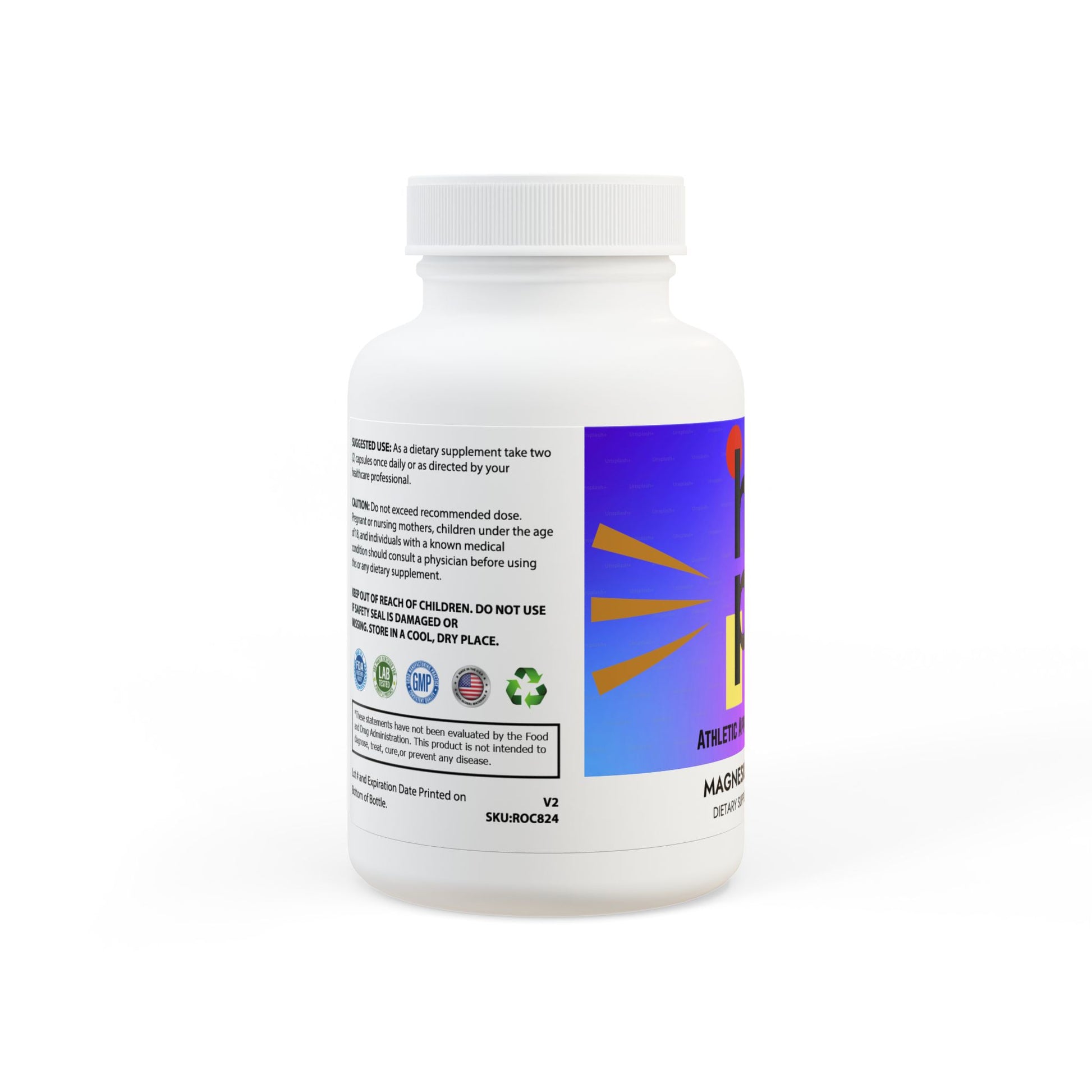 Side view of Magnesium Glycinate Supplement bottle with product details
