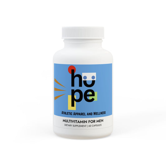 Front view of Multivitamin Supplement for Men bottle, showcasing product label with key ingredients and benefits for energy, exercise, and overall health
